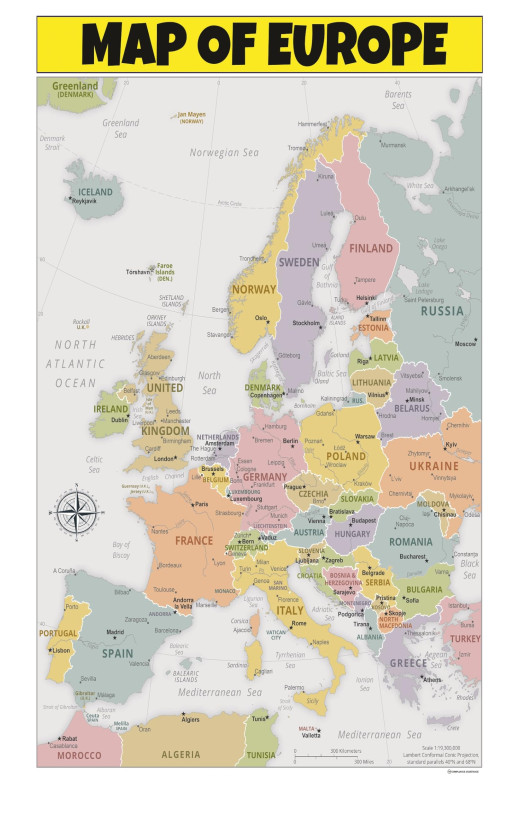 Map of Europe  - Laminated Wall Map Poster Print Perfect for Classrooms and Homes - Vivid Imagery with Bright Colors