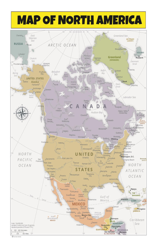 Map of North America  - Laminated Wall Map Poster Print Perfect for Classrooms and Homes - Vivid Imagery with Bright Colors