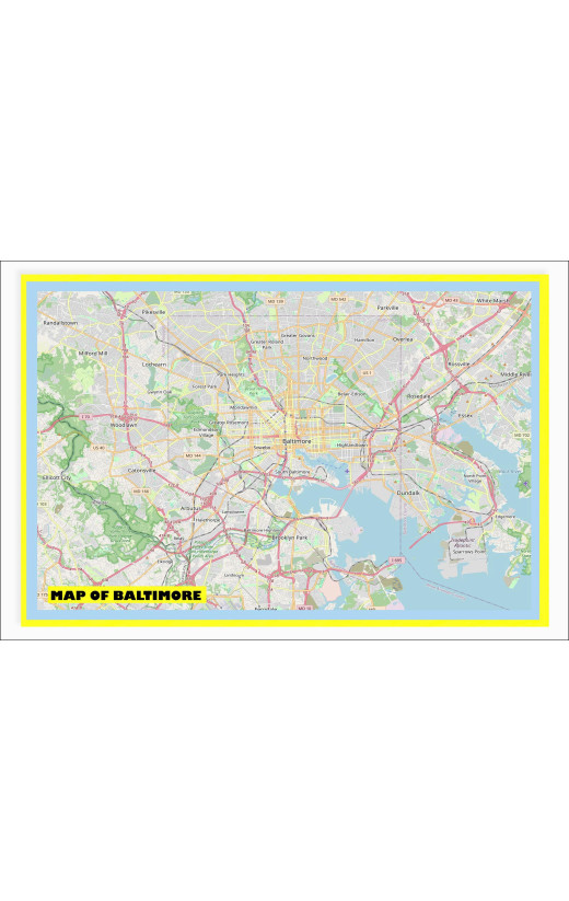 Map of Baltimore with Neighborhoods, Streets, Roads, Highways and Parks - Laminated Wall Map Poster Print - Vivid Imagery with Bright Colors