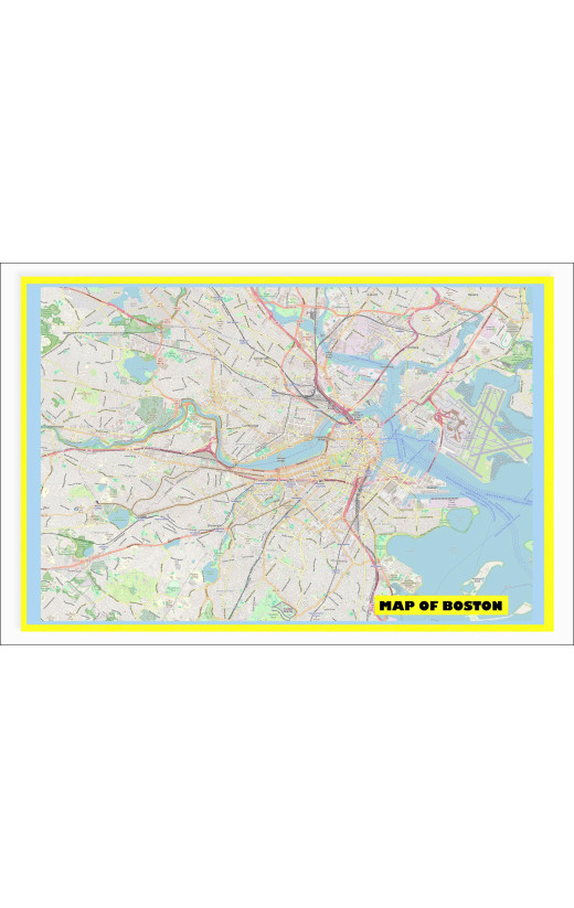 Map of Boston with Neighborhoods, Streets, Roads, Highways and Parks - Laminated Wall Map Poster Print - Vivid Imagery with Bright Colors