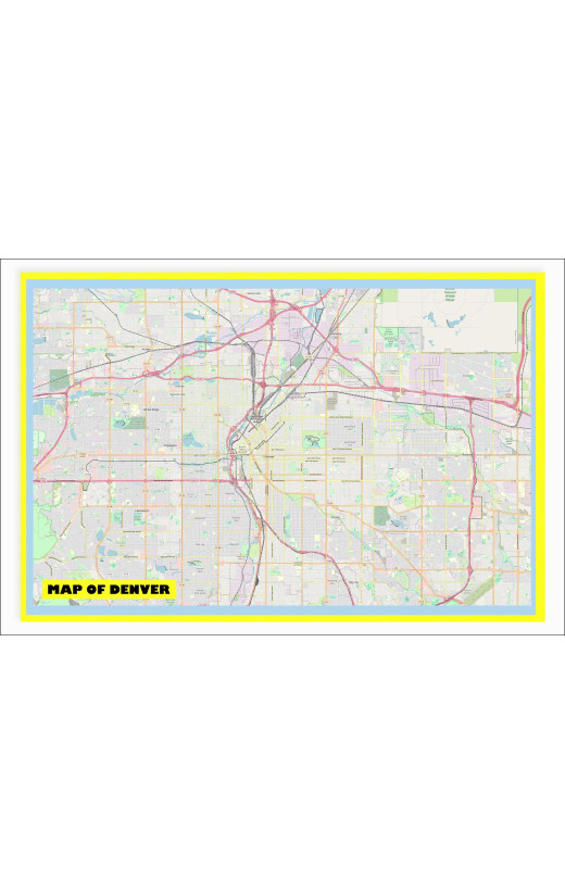 Map of Denver with Neighborhoods, Streets, Roads, Highways and Parks - Laminated Wall Map Poster Print - Vivid Imagery with Bright Colors