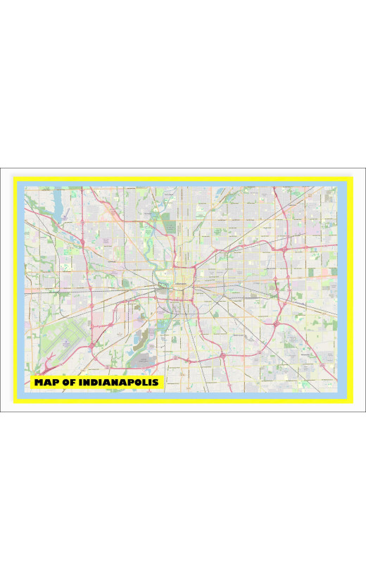 Map of Indianapolis with Neighborhoods, Streets, Roads, Highways and Parks - Laminated Wall Map Poster Print