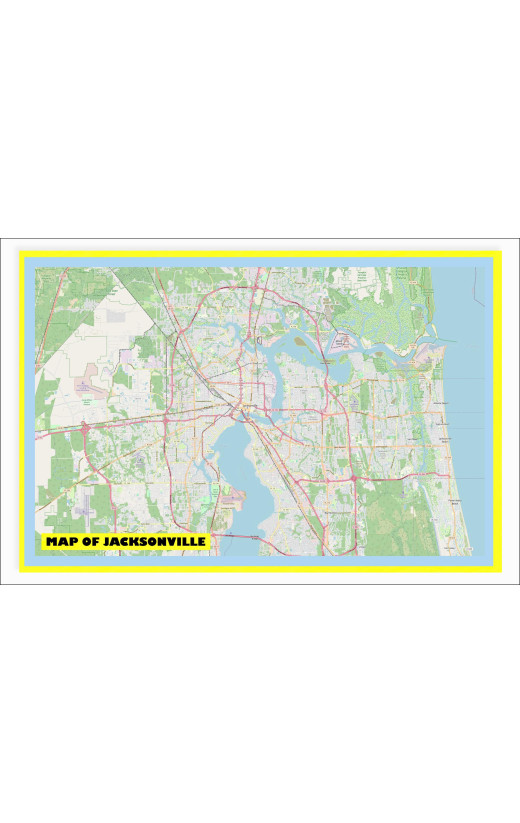 Map of Jacksonville with Neighborhoods, Streets, Roads, Highways and Parks - Laminated Wall Map Poster Print