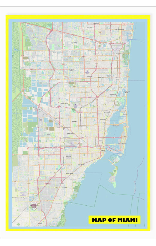 Map of Miami with Neighborhoods, Streets, Roads, Highways and Parks - Laminated Wall Map Poster Print - Vivid Imagery with Bright Colors