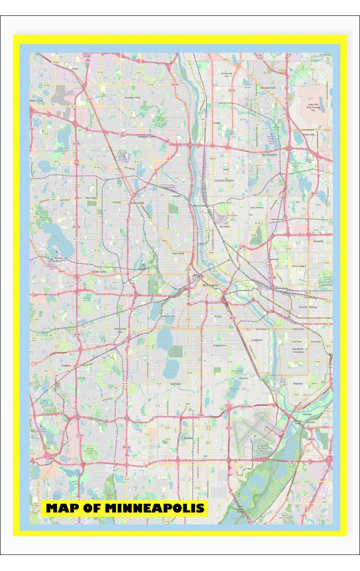 Map of Minneapolis with Neighborhoods, Streets, Roads, Highways and Parks - Laminated Wall Map Poster Print - Vivid Imagery with Bright Colors