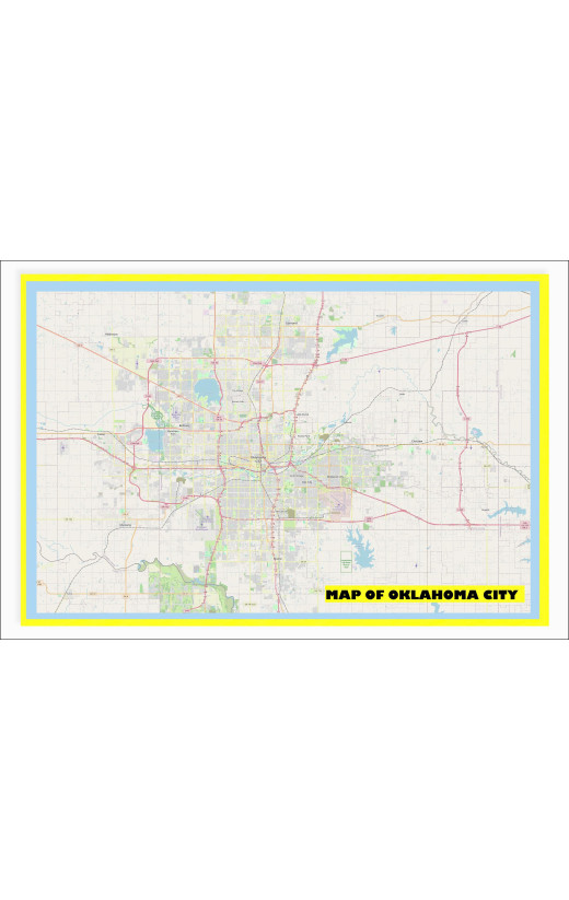 Map of Oklahoma City with Neighborhoods, Streets, Roads, Highways and Parks - Laminated Wall Map Poster Print