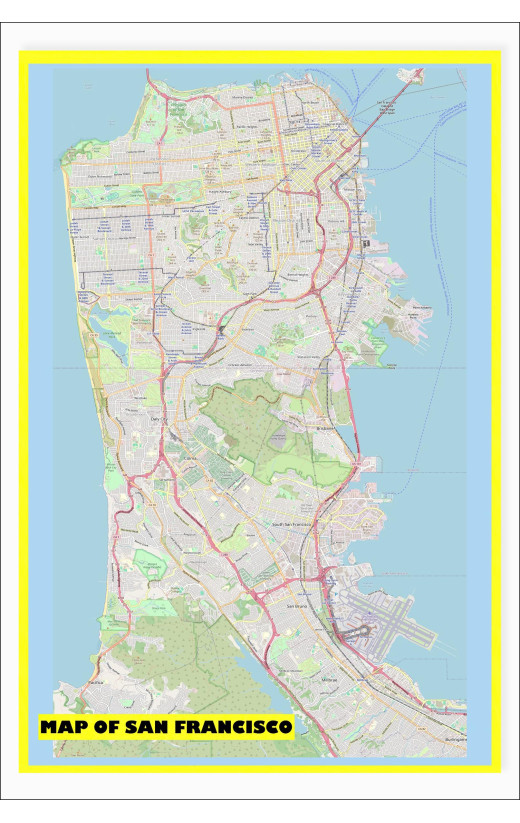 Map of San Francisco with Neighborhoods, Streets, Roads, Highways and Parks - Laminated Wall Map Poster Print