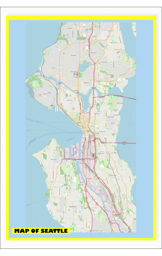 Map of Seattle with Neighborhoods, Streets, Roads, Highways and Parks - Laminated Wall Map Poster Print - Vivid Imagery with Bright Colors