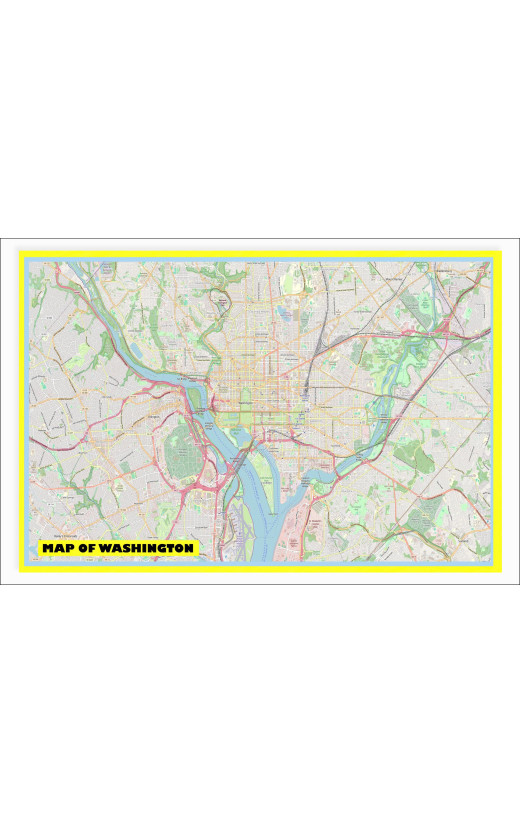 Map of Washington with Neighborhoods, Streets, Roads, Highways and Parks - Laminated Wall Map Poster Print - Vivid Imagery with Bright Colors