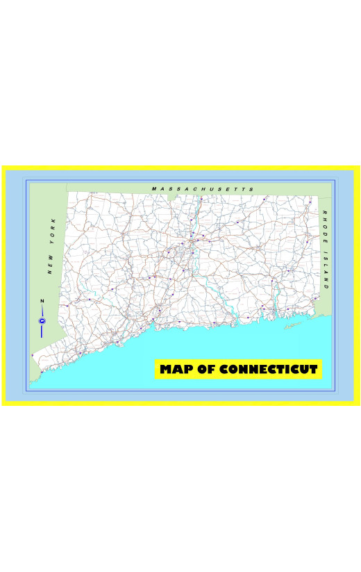 Map of Connecticut Large Detailed Roads and Highways, Map of Connecticut State with All Cities, Parks and Landmarks - Laminated Wall Map