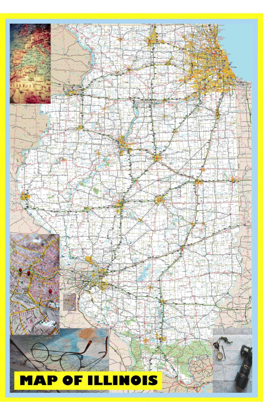 Map of Illinois Large Detailed Roads and Highways, Map of Illinois State with All Cities, Parks and Landmarks - Laminated Wall Map Poster