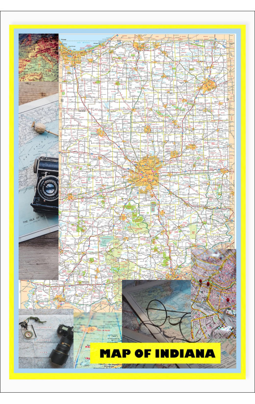 Map of Indiana Large Detailed Roads and Highways, Map of Indiana State with All Cities, Parks and Landmarks - Laminated Wall Map Poster Print