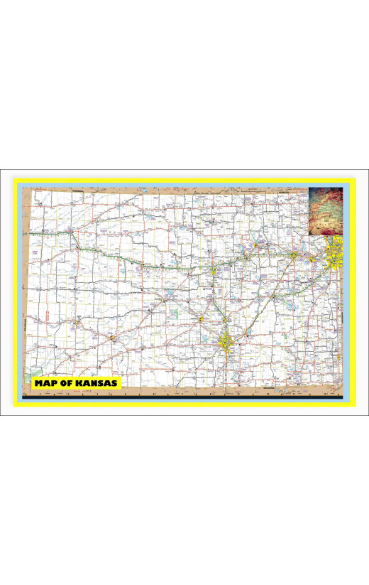 Map of Kansas Large Detailed Roads and Highways, Map of Kansas State with All Cities, Parks and Landmarks - Laminated Wall Map Poster Print