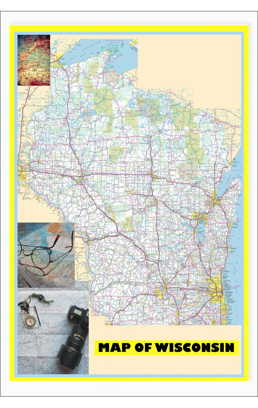 Map of Wisconsin Large Detailed Roads and Highways, Map of Wisconsin State with All Cities, Parks and Landmarks - Laminated Wall Map Poster