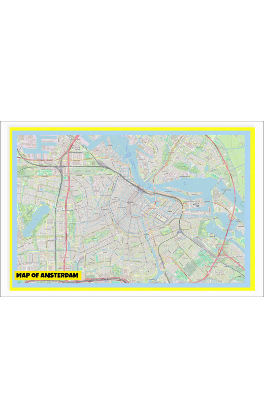 Map of Amsterdam with Neighborhoods, Streets, Roads, Highways and Parks - Laminated Wall Map Poster Print - Vivid Imagery with Bright Colors