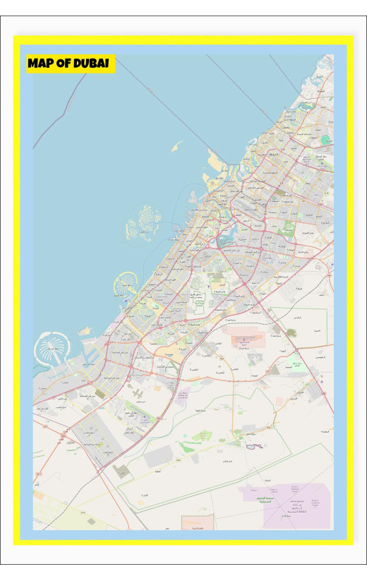 Map of Dubai with Neighborhoods, Streets, Roads, Highways and Parks - Laminated Wall Map Poster Print - Vivid Imagery with Bright Colors