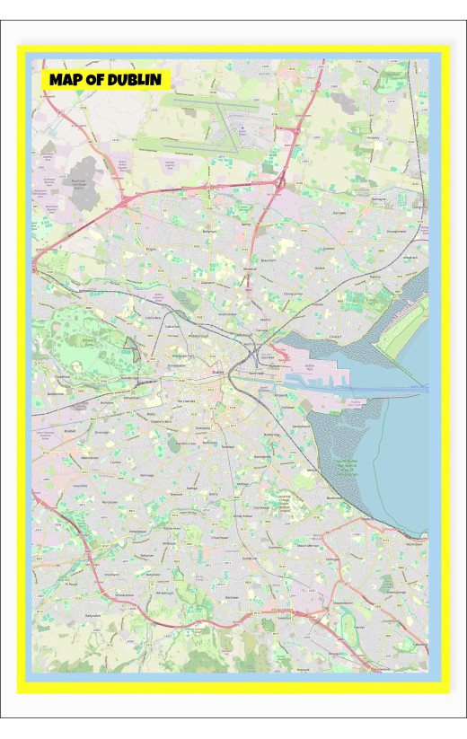 Map of Dublin with Neighborhoods, Streets, Roads, Highways and Parks - Laminated Wall Map Poster Print - Vivid Imagery with Bright Colors