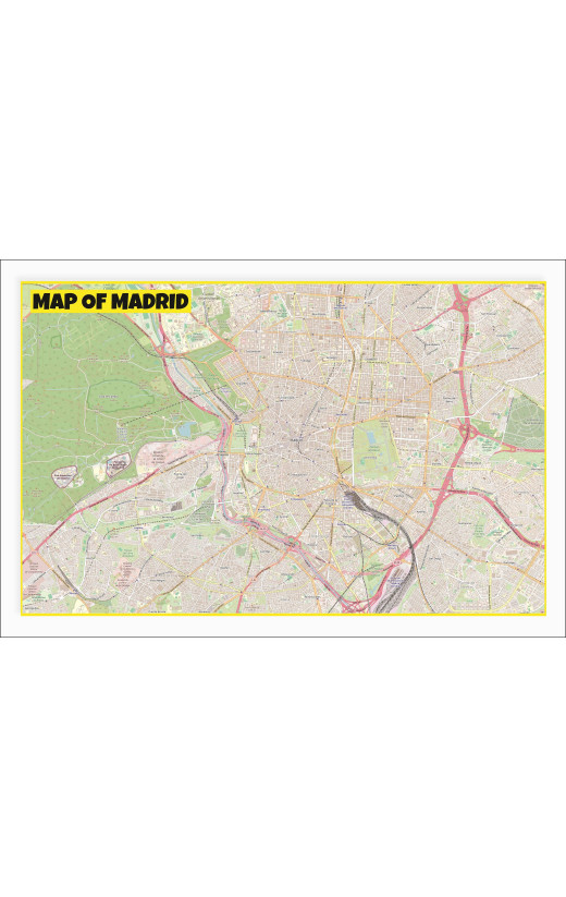 Map of Madrid with Neighborhoods, Streets, Roads, Highways and Parks - Laminated Wall Map Poster Print - Vivid Imagery with Bright Colors