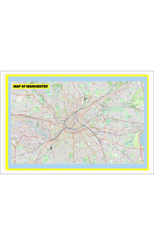 Map of Manchester with Neighborhoods, Streets, Roads, Highways and Parks - Laminated Wall Map Poster Print - Vivid Imagery with Bright Colors