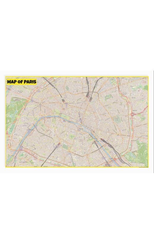 Map of Paris with Neighborhoods, Streets, Roads, Highways and Parks - Laminated Wall Map Poster Print - Vivid Imagery with Bright Colors