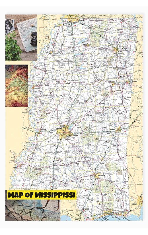 Map of Missippissi Large Detailed Roads and Highways, Map of Missippissi State with All Cities, Parks and Landmarks - Laminated Wall Map