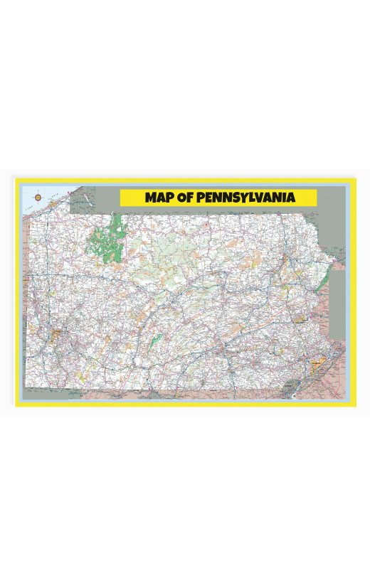 Map of Pennsylvania Large Detailed Roads and Highways, Map of Pennsylvania State with All Cities, Parks and Landmarks - Laminated Wall Map