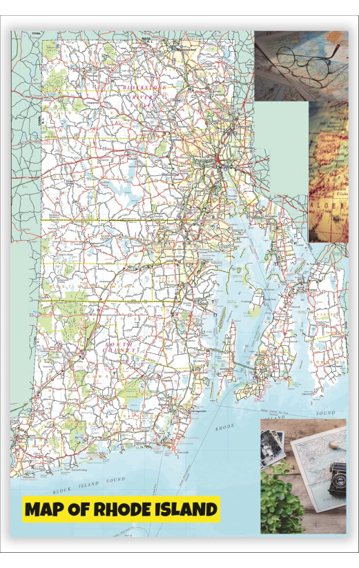 Map of Rhode Island Large Detailed Roads and Highways, Map of Rhode Island State with All Cities, Parks and Landmarks - Laminated Wall Map