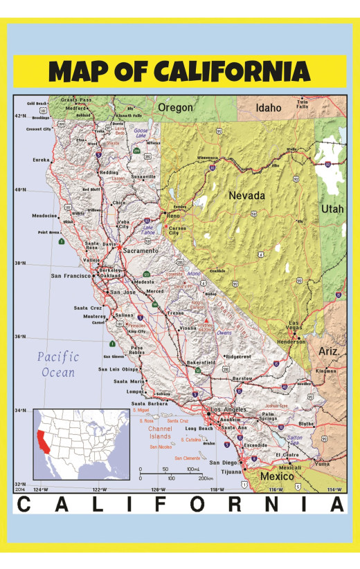 Map of California Style C  - Laminated Wall Map Poster Print Perfect for Classrooms and Homes - Vivid Imagery with Bright Colors