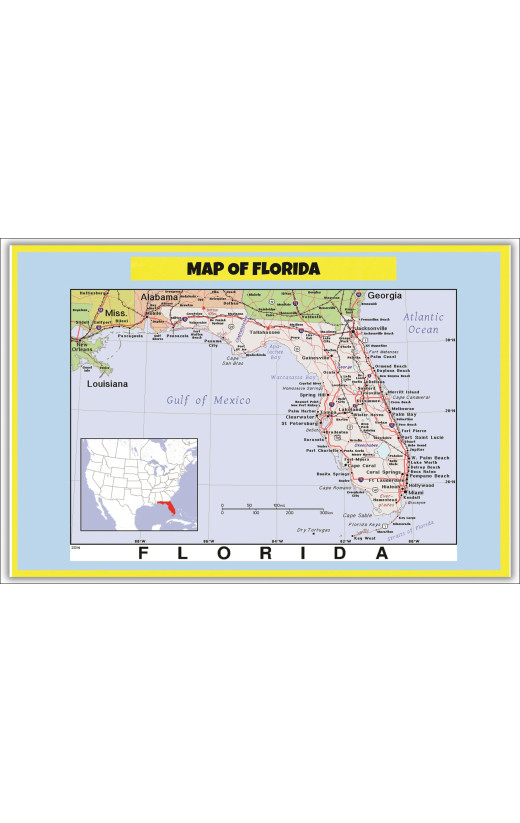 Map of Florida Style C - Laminated Wall Map Poster Print Perfect for Classrooms and Homes - Vivid Imagery with Bright Colors