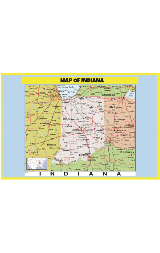 Map of Indiana Style C  - Laminated Wall Map Poster Print Perfect for Classrooms and Homes - Vivid Imagery with Bright Colors