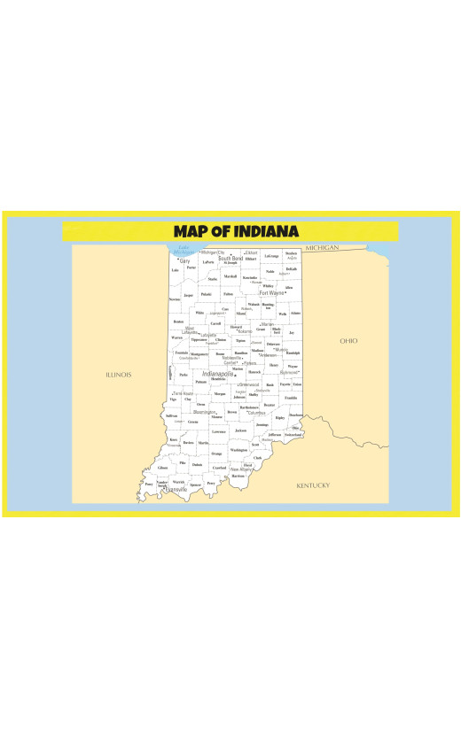 Map of Indiana  - Laminated Wall Map Poster Print Perfect for Classrooms and Homes - Vivid Imagery with Bright Colors