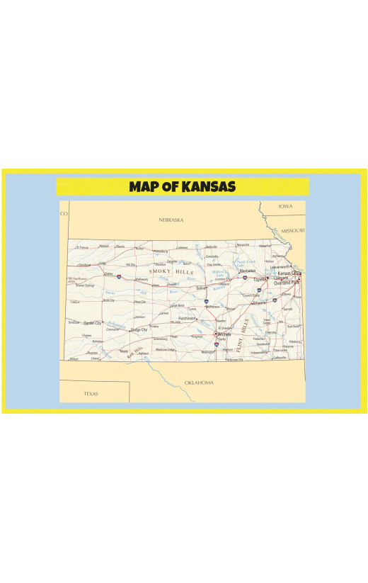 Map of Kansas  - Laminated Wall Map Poster Print Perfect for Classrooms and Homes - Vivid Imagery with Bright Colors