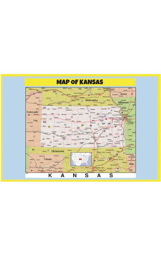 Map of Kansas Style C - Laminated Wall Map Poster Print Perfect for Classrooms and Homes - Vivid Imagery with Bright Colors