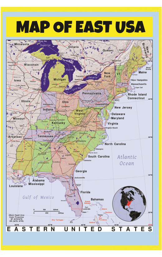 Map of East USA - Laminated Wall Map Poster Print Perfect for Classrooms and Homes - Vivid Imagery with Bright Colors