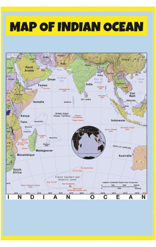 Map of Indian Ocean  - Laminated Wall Map Poster Print Perfect for Classrooms and Homes - Vivid Imagery with Bright Colors