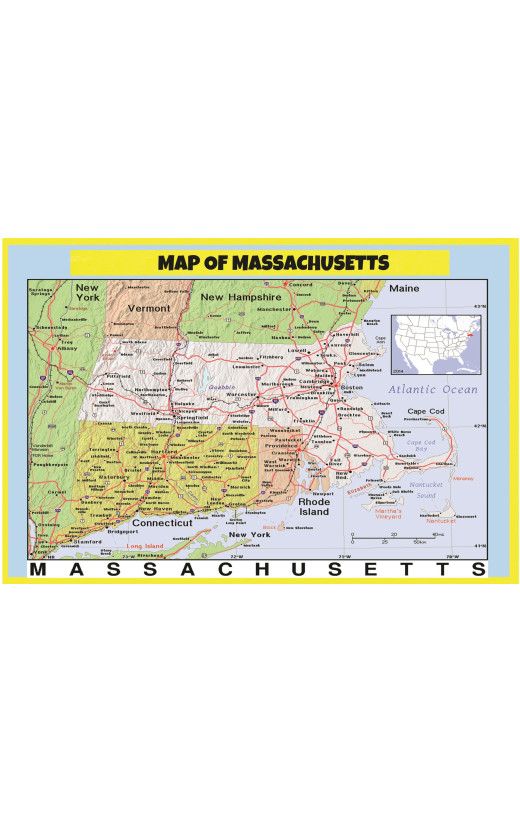 Map of Massachusetts Style 2 - Laminated Wall Map Poster Print Perfect for Classrooms and Homes - Vivid Imagery with Bright Colors