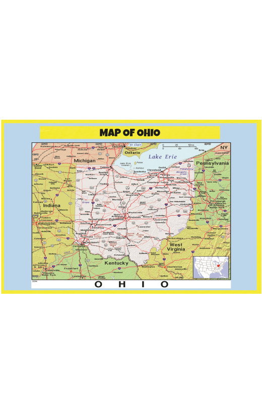 Map of Ohio Style C  - Laminated Wall Map Poster Print Perfect for Classrooms and Homes - Vivid Imagery with Bright Colors