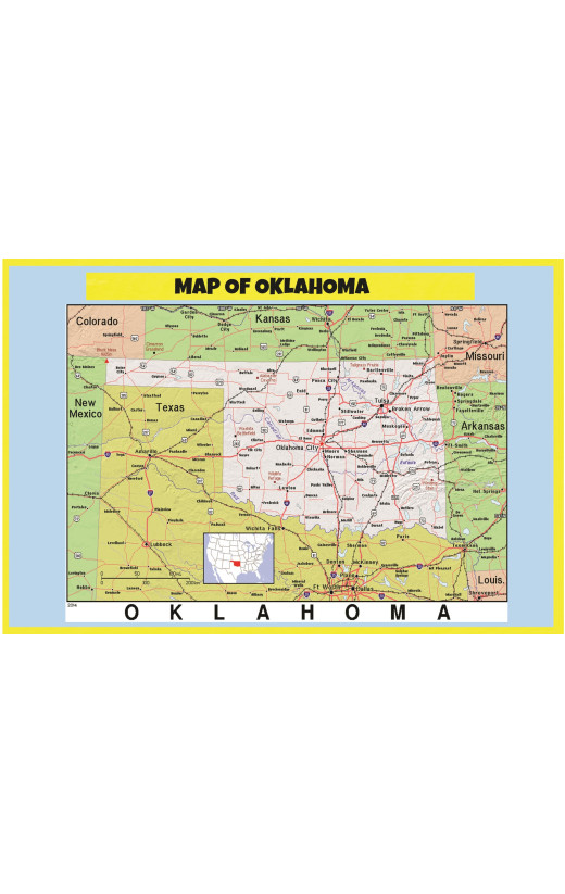 Map of Oklahoma Style C  - Laminated Wall Map Poster Print Perfect for Classrooms and Homes - Vivid Imagery with Bright Colors