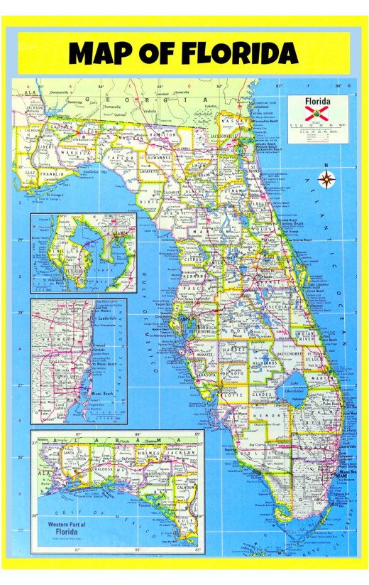 Map of Florida Style E  - Laminated Wall Map Poster Print Perfect for Classrooms and Homes - Vivid Imagery with Bright Colors