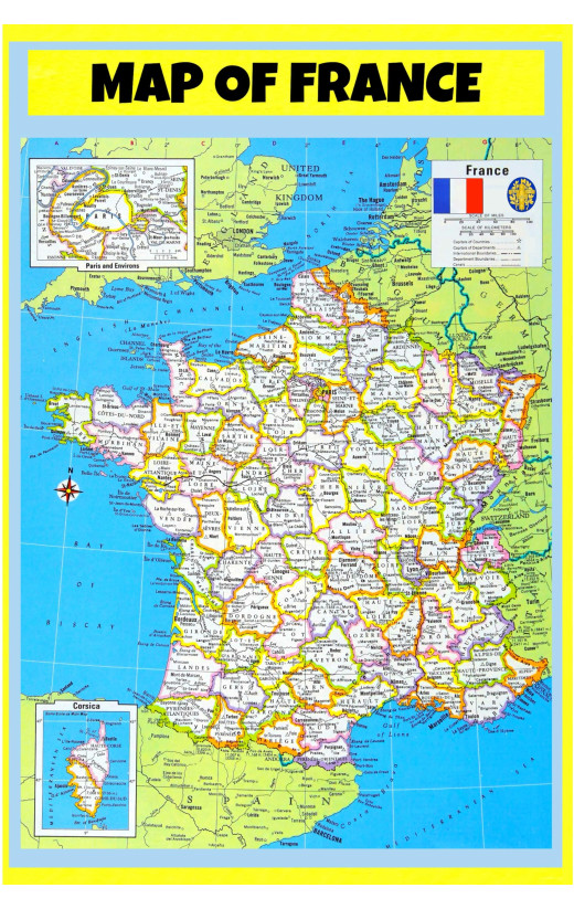 Map of France Style B  - Laminated Wall Map Poster Print Perfect for Classrooms and Homes - Vivid Imagery with Bright Colors