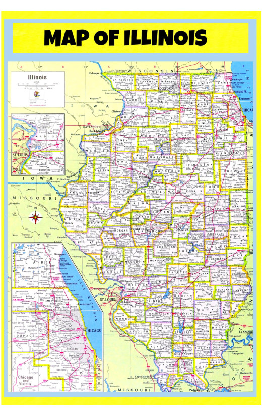 Map of Illinois Style D  - Laminated Wall Map Poster Print Perfect for Classrooms and Homes - Vivid Imagery with Bright Colors